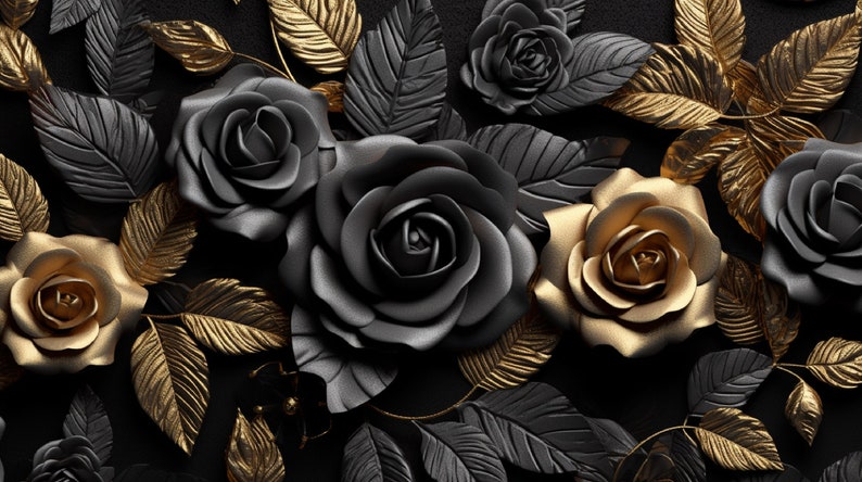 May include: A decorative arrangement of matte black and metallic gold roses interspersed with matching black and gold leaves. The floral composition features multiple rose blooms in varying sizes, all set against a solid black background.