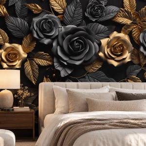 May include: A bedroom featuring a bed with beige bedding and a wooden nightstand with a lamp. The wall behind the bed is covered in wallpaper displaying a large-scale, three-dimensional floral pattern of black and gold roses and leaves.