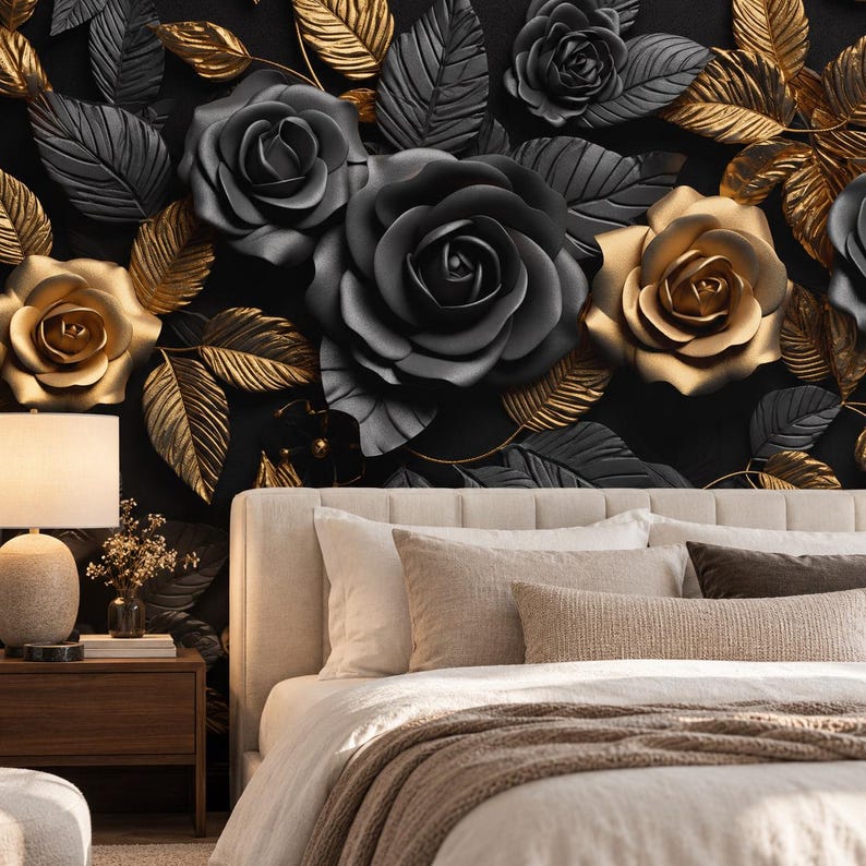 May include: A bedroom featuring a bed with beige bedding and a wooden nightstand with a lamp. The wall behind the bed is covered in wallpaper displaying a large-scale, three-dimensional floral pattern of black and gold roses and leaves.