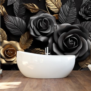 May include: A bathroom featuring a white freestanding bathtub and a wall mural depicting large, three-dimensional black and gold roses with detailed leaves against a dark background, creating a bold, high-contrast floral display.