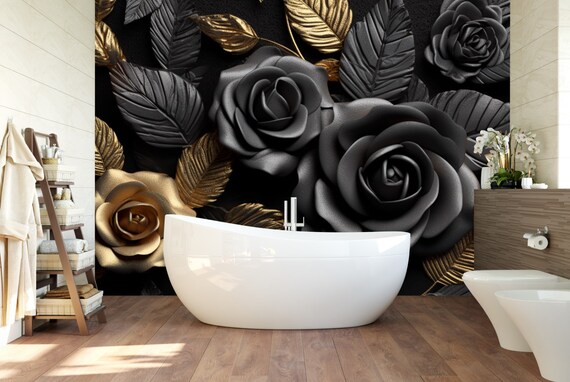Black and Gold Roses 3D Wall Mural - Textured Vinyl