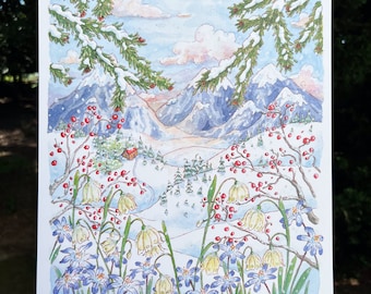 Winter Cottage Landscape Snowscape Print 12x16" Watercolor Print