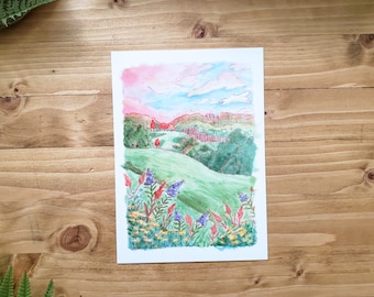 Flower Meadow Valley Landscape Painting 5x7 Print
