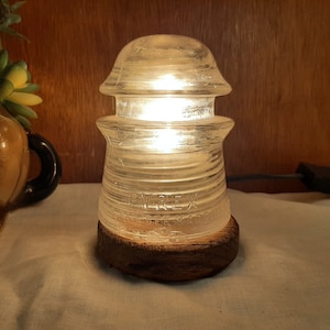 Glass Insulator Lamp w/ CD122 Pyrex desk light, table lamp, night light made from vintage high voltage lineman railroad antique hardware