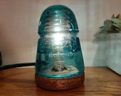 Glass Insulator Lamp w CD145 night light, desk, or table lamp made from vintage high voltage lineman electric railroad antique hardware