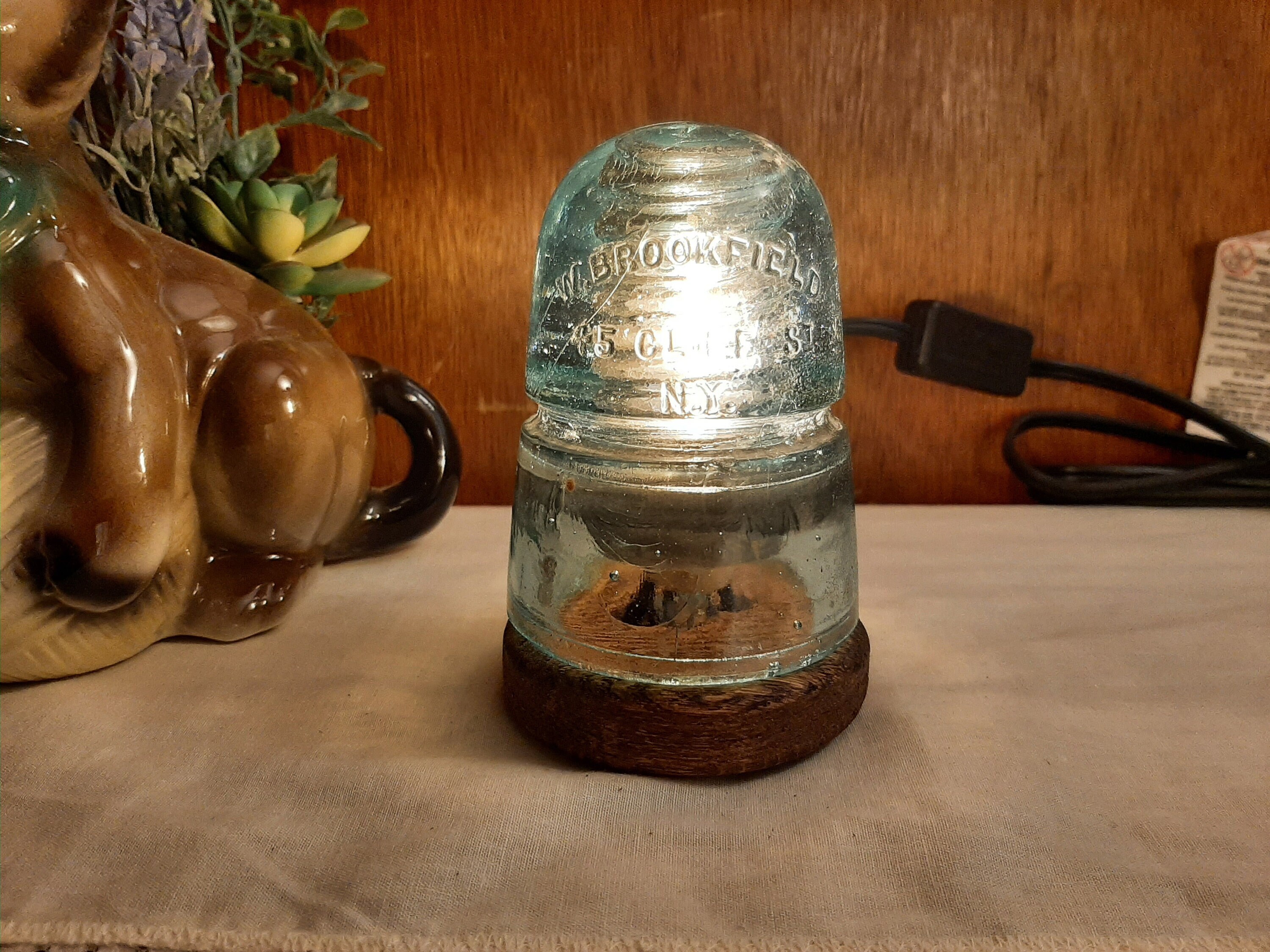 Glass Insulator Lamp w/ CD145 desk light, table lamp, night light made from vintage high voltage lineman electric railroad antique hardware