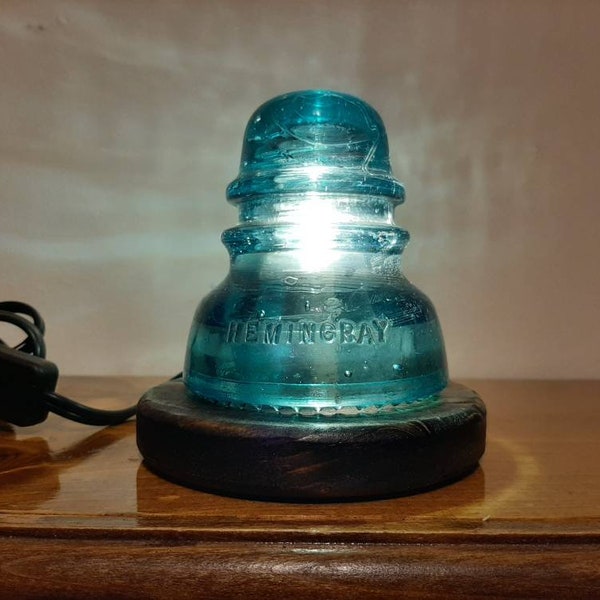 Glass Insulator Lamp night light on oak wood base w/ LED bulb CD152 vintage high voltage Hemingray - 40 railroad telegraph hardware