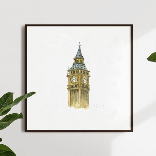 London Big Ben Watercolor (Architecture watercolor print, architecture drawing, minimalist wall art)