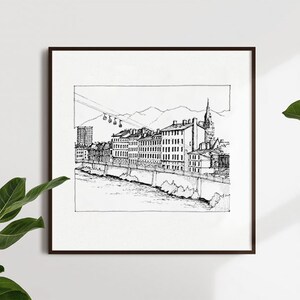 River in France (Hand drawn architectural sketch, architecture print, line art, ink drawing, architecture drawing, minimalist wall art)