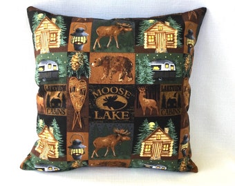 Moose Lake Pillow Cover OR Pillow Cover + Pillow Bear Deer Moose Log Cabin Lodge Decor Rustic Throw Pillow Cabin Decorative Pillow Camper