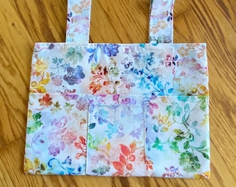 Walker Tote Bag Pastel Flowers on White 6 Pockets 15"x11" Cotton Small Front Pocket 2 Interior Pockets Rollator Walker Bag Walker Caddy