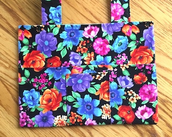 Walker Tote Bag Bright Flowers on Black 6 Pockets 15"x11" Cotton Small Front Pocket 2 Interior Pockets Rollator Walker Bag Walker Caddy