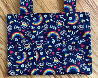 Walker Tote Bag Love Rainbows on Black 6 Pockets 15"x11" Cotton Small Front Pocket 2 Interior Pockets Rollator Walker Bag Walker Caddy