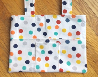 Walker Tote Bag Colorful Large Dots on White 6 Pockets 15&quot;x11&quot; Cotton Small Front Pocket 2 Interior Pockets Rollator Walker Bag Walker Caddy