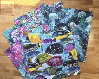 12” x 12” Cloth Napkins Ocean Theme Set of 2 YOU PICK PATTERNS Nature Jellyfish Shells Coral Fishes Washable Eco-Friendly Reusable Napkins