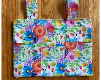 Floral Walker Bag 4 Pockets Multicolor Flowers 15" x 11" Cotton Front Small Cell Phone Pocket Rollator Walker Bag Walker Caddy