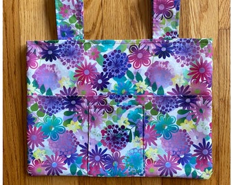Retro Floral Walker Bag 4 Pockets Pink Multicolor Retro Flowers 15&quot; x 11&quot; Front Small Cell Phone Pocket Rollator Walker Bag Walker Caddy