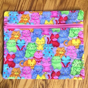 Cross Stitch Project Bag Bright Cats 13&quot; x 11&quot; Zippered Travel Project Bag Lined with Pink Fabric with Tiny White Dots