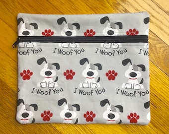 Cross Stitch Project Bag Dogs on Gray I Woof You 13&quot; x 11&quot; Zippered Travel Project Bag Lined with White Fabric with Tiny Black Dots