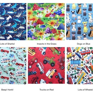 May include: A collage of six fabric patterns featuring sharks on dark blue, insects and flowers on green, dogs on blue, vehicles on light blue with text Beep! Honk!, trucks on red, and various transportation vehicles with the text Lots of Wheels!