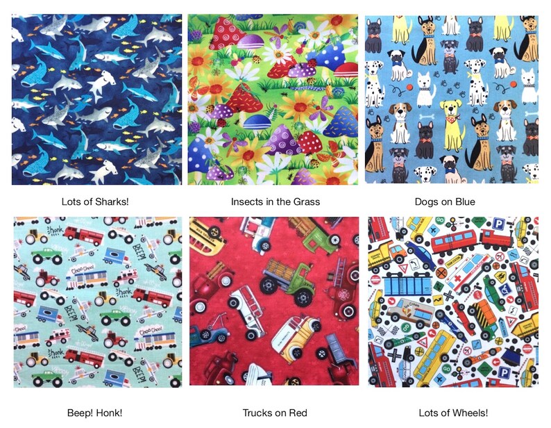 May include: A collage of six fabric patterns featuring sharks on dark blue, insects and flowers on green, dogs on blue, vehicles on light blue with text Beep! Honk!, trucks on red, and various transportation vehicles with the text Lots of Wheels!
