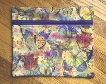 Cross Stitch Project Bag Multi-colored Butterflies and Flowers 13" x 11" Purple Zippered Travel Project Bag Lined