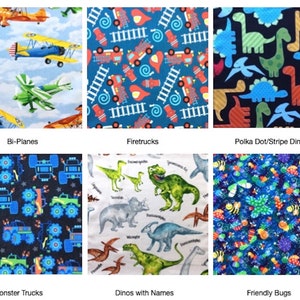 May include: A collage of six fabric patterns featuring bi-planes in the sky, red fire trucks, colorful dinosaurs with polka dots and stripes, blue monster trucks, various dinosaurs with printed names, and a pattern of friendly insects and bugs.