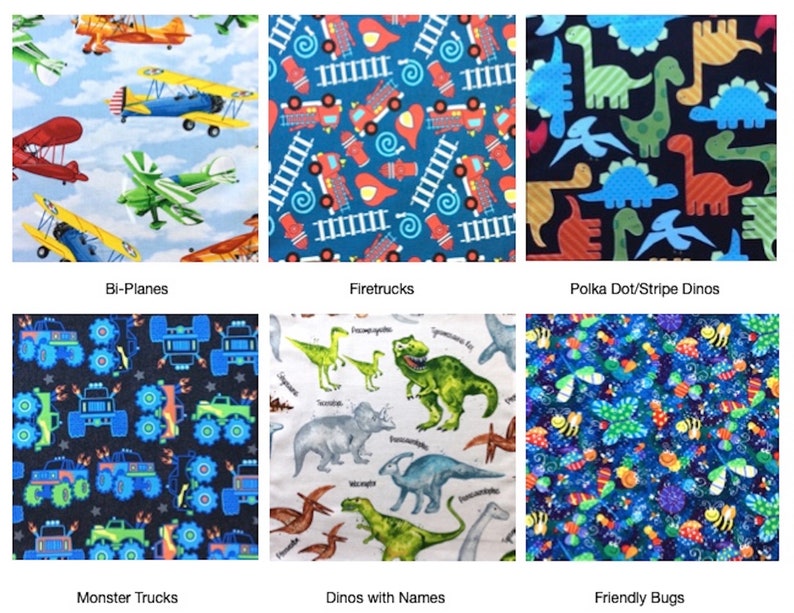 May include: A collage of six fabric patterns featuring bi-planes in the sky, red fire trucks, colorful dinosaurs with polka dots and stripes, blue monster trucks, various dinosaurs with printed names, and a pattern of friendly insects and bugs.