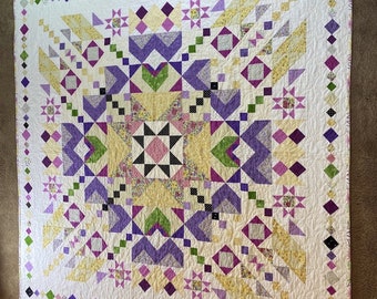 Handmade Quilt Reflections 75” x 75” Bright Pink Green Purple Black Yellow on White Background