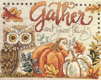 Completed Cross Stitch "Gather and Give Thanks" Imaginating 3284 Fiber Art Home Decor Wall Decor Thanksgiving Decoration