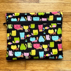 Funky Multi-Colored Cats on Black Cross Stitch Project Bag for Sewing 11&quot; x 13&quot; Zippered Light Pink Canvas Lined No Vinyl