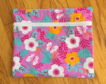Cross Stitch Project Bag Retro Flowers and Butterflies on Pink 13" x 11" Zippered Travel Project Bag Lined