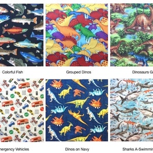 May include: A collage of six fabric patterns featuring various designs: colorful fish on a dark background, grouped dinosaurs, dinosaurs in a green forest, emergency vehicles, dinosaurs on a navy background, and sharks swimming in water.