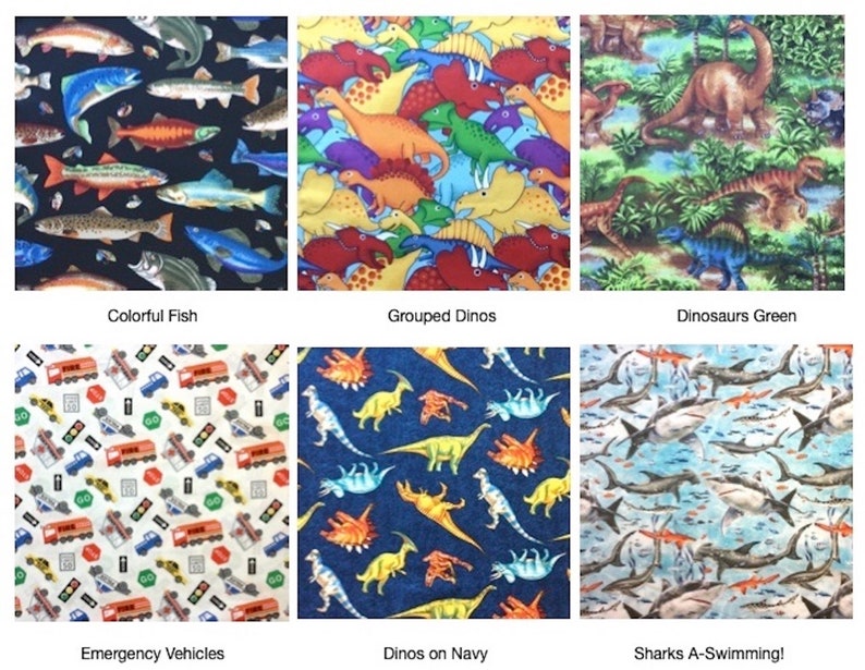 May include: A collage of six fabric patterns featuring various designs: colorful fish on a dark background, grouped dinosaurs, dinosaurs in a green forest, emergency vehicles, dinosaurs on a navy background, and sharks swimming in water.