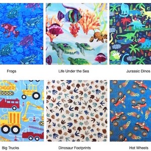 May include: A collection of six fabric patterns featuring various designs: blue frogs, underwater sea life with turtles and fish, colorful dinosaurs, construction trucks with the text Digger and Tractor, brown dinosaur footprints, and red toy cars.
