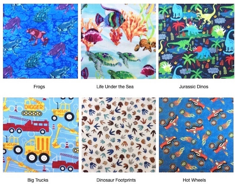 May include: A collection of six fabric patterns featuring various designs: blue frogs, underwater sea life with turtles and fish, colorful dinosaurs, construction trucks with the text Digger and Tractor, brown dinosaur footprints, and red toy cars.