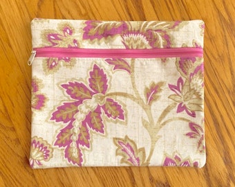 Cross Stitch Project Bag Pink Light Brown/Gold Large Flower on Beige Canvas 13" x 11" Zippered Travel Project Bag Lined