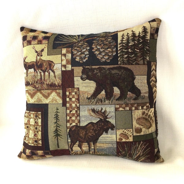 Pillow Cover OR Cover + Pillow Peter's Cabin Patch Jacquard Bear Deer Moose Rustic Lodge Decor Cabin Decor Decorative Pillow Camper Pillow