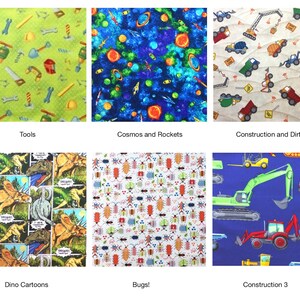 May include: A collection of six fabric swatches featuring various patterns including construction tools on green, outer space with rockets, construction vehicles on dirt, dinosaur comic strips, colorful insects, and construction machinery on blue.