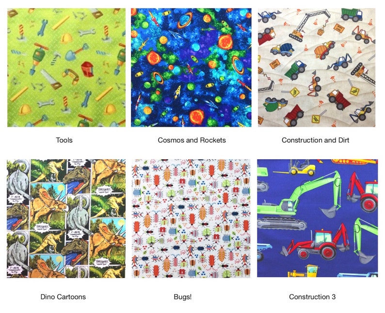 May include: A collection of six fabric swatches featuring various patterns including construction tools on green, outer space with rockets, construction vehicles on dirt, dinosaur comic strips, colorful insects, and construction machinery on blue.