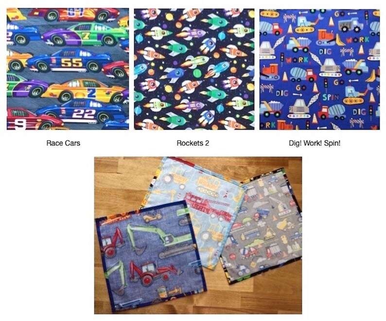May include: Three square fabric cloths featuring colorful patterns: one with race cars, one with rockets in space, and one with construction vehicles, traffic cones, and the text Dig! Work! Spin! printed on a blue background.