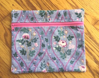 Cross Stitch Project Bag Lavender Pink Flowers 11" x 13" Canvas Zippered Travel Project Bag Lined
