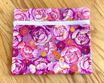Cross Stitch Project Bag Kaffe Fassett Pink Fabric Large Flowers 13&quot; x 11&quot; Zippered Travel Project Bag Lined