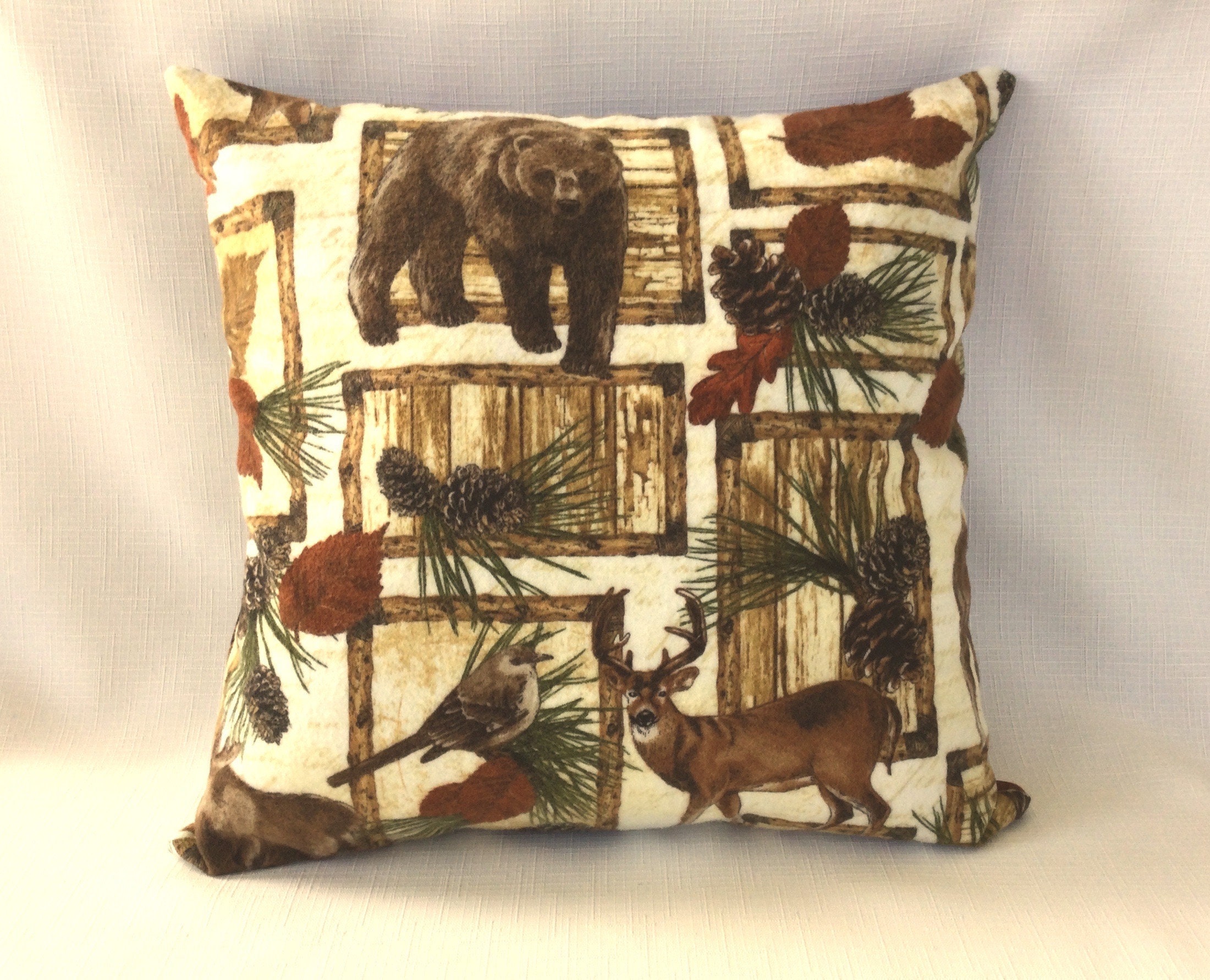 Wildlife Pillow Cover OR Pillow Cover + Pillow Bear Deer Moose Birds Pine Cones 14"x14" Cotton Flannel Rustic Decor Lodge Decor Cabin Decor