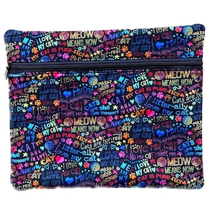 Cat Words on Black Cross Stitch Project Bag for Sewing 11&quot; x 13&quot; Zippered Project Bag Pink Canvas Lined Cotton Exterior No Vinyl