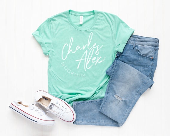 Bella Canvas 3001 Mockup Heather Mint-Shirt Mockup Styled