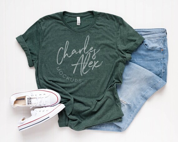 Bella Canvas 3001 Mockup Heather Forest-Shirt Mockup Styled