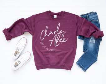 Sweatshirt Mockup, Gildan 18000 Mockup, Gildan Maroon Mockup, Styled Shirt Mockup