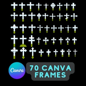 Puede incluir: Conjunto de 70 marcos de cruz blancos con acentos verdes y azules. Los marcos son de varios estilos y tamaños. El texto "70 CANVA FRAMES" está en la parte inferior de la imagen.