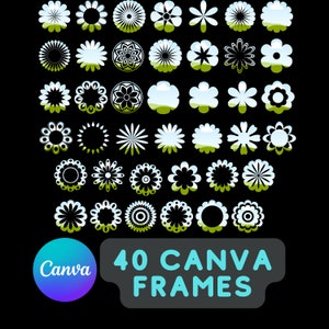 Puede incluir: Un conjunto de 40 marcos florales en blanco y negro con acentos verdes. Los marcos son de varias formas y tamaños, incluyendo círculos, estrellas y flores. El texto "40 CANVA FRAMES" está en la parte inferior de la imagen.